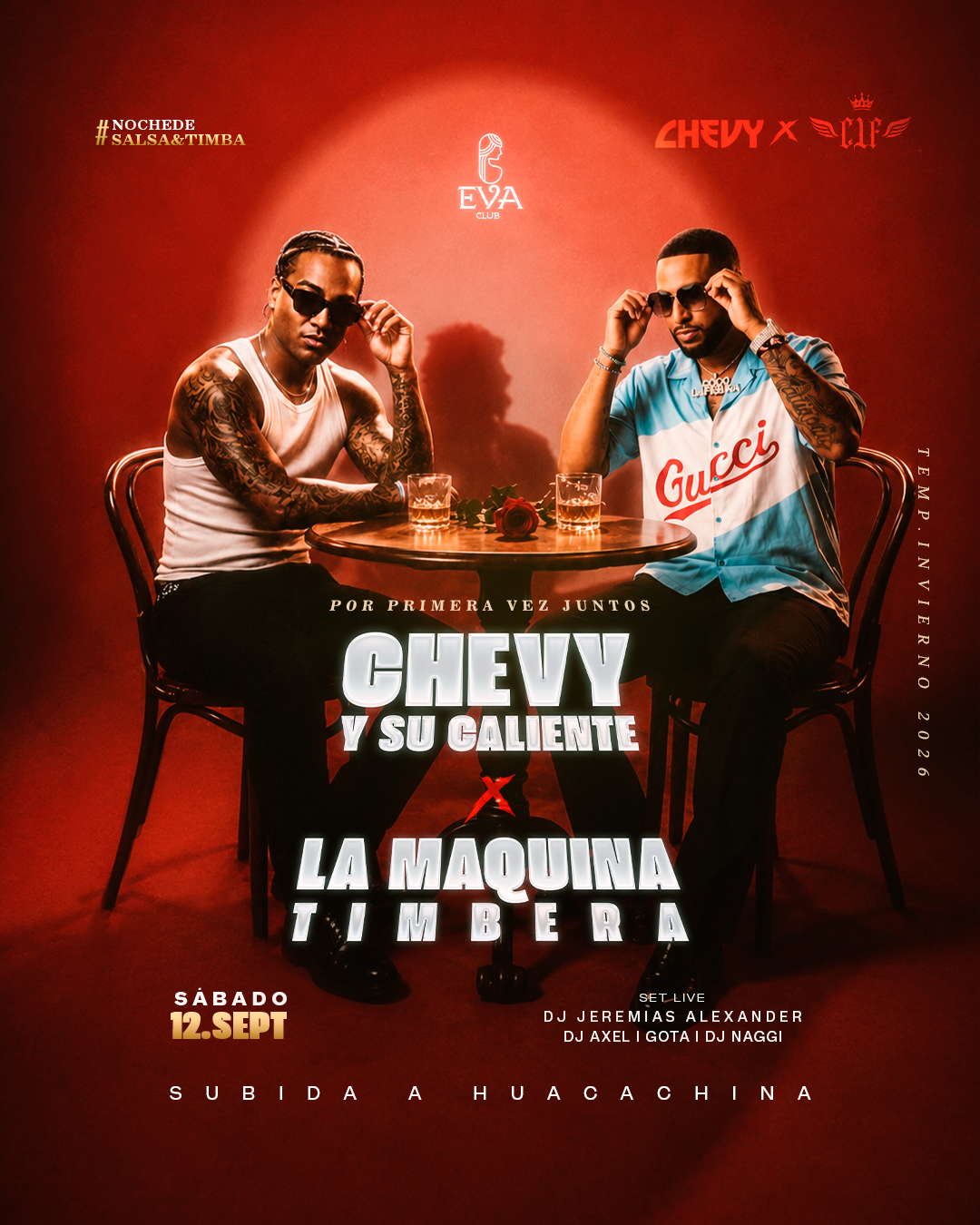 Flyer de evento CHEVY Y SU CALIENTE X LA MÁQUINA TIMBERA